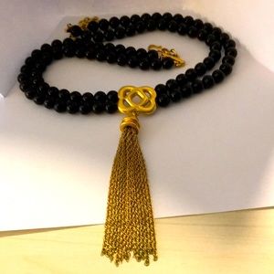 Black Beaded Necklace with Gold Pendant